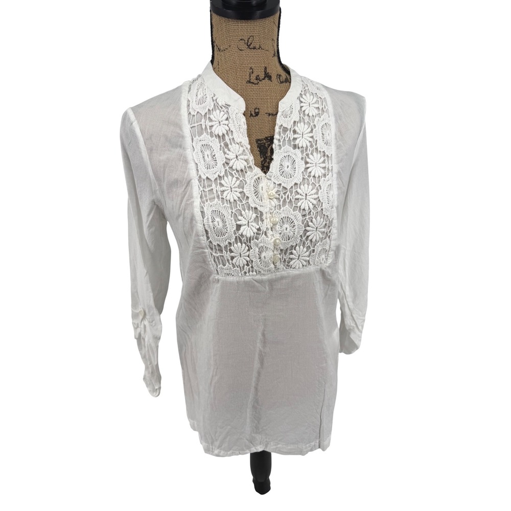 Krazy Kat Tunic Top S White Cotton Crochet Lace Boho Roll Tab Sleeve Semi Sheer
